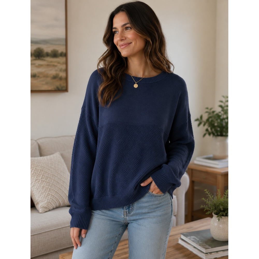 Womens Medium Oversized Fisherman Knit Sweater Navy Chunky Knit Coastal Layer